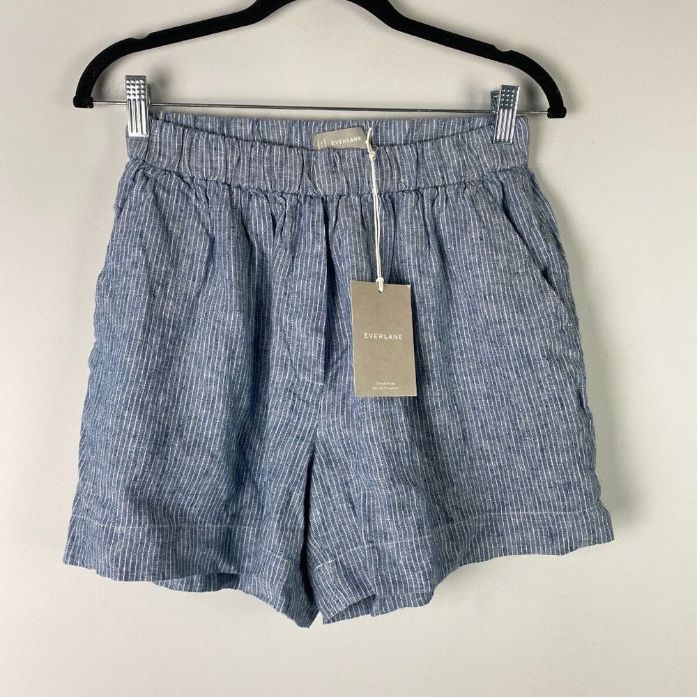 Everlane The Linen Boxer Short Womens Small Blue White Stripe Brown Pull On